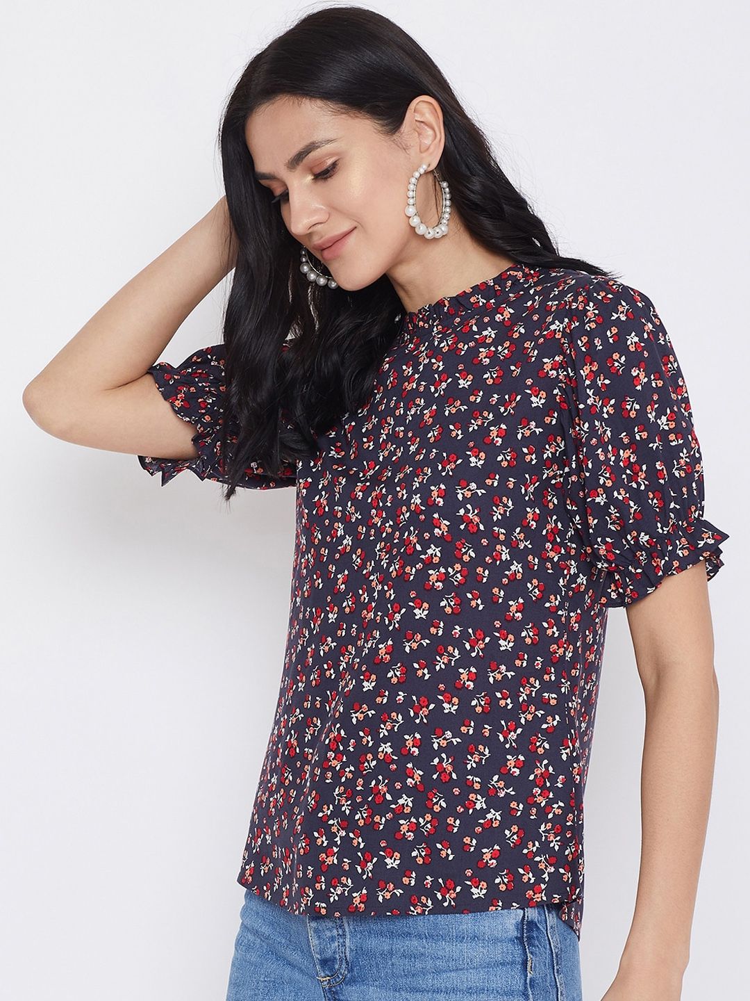 Berrylush Navy Blue Floral Printed Top With Puff Sleeves