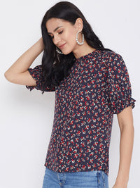 Berrylush Navy Blue Floral Printed Top With Puff Sleeves