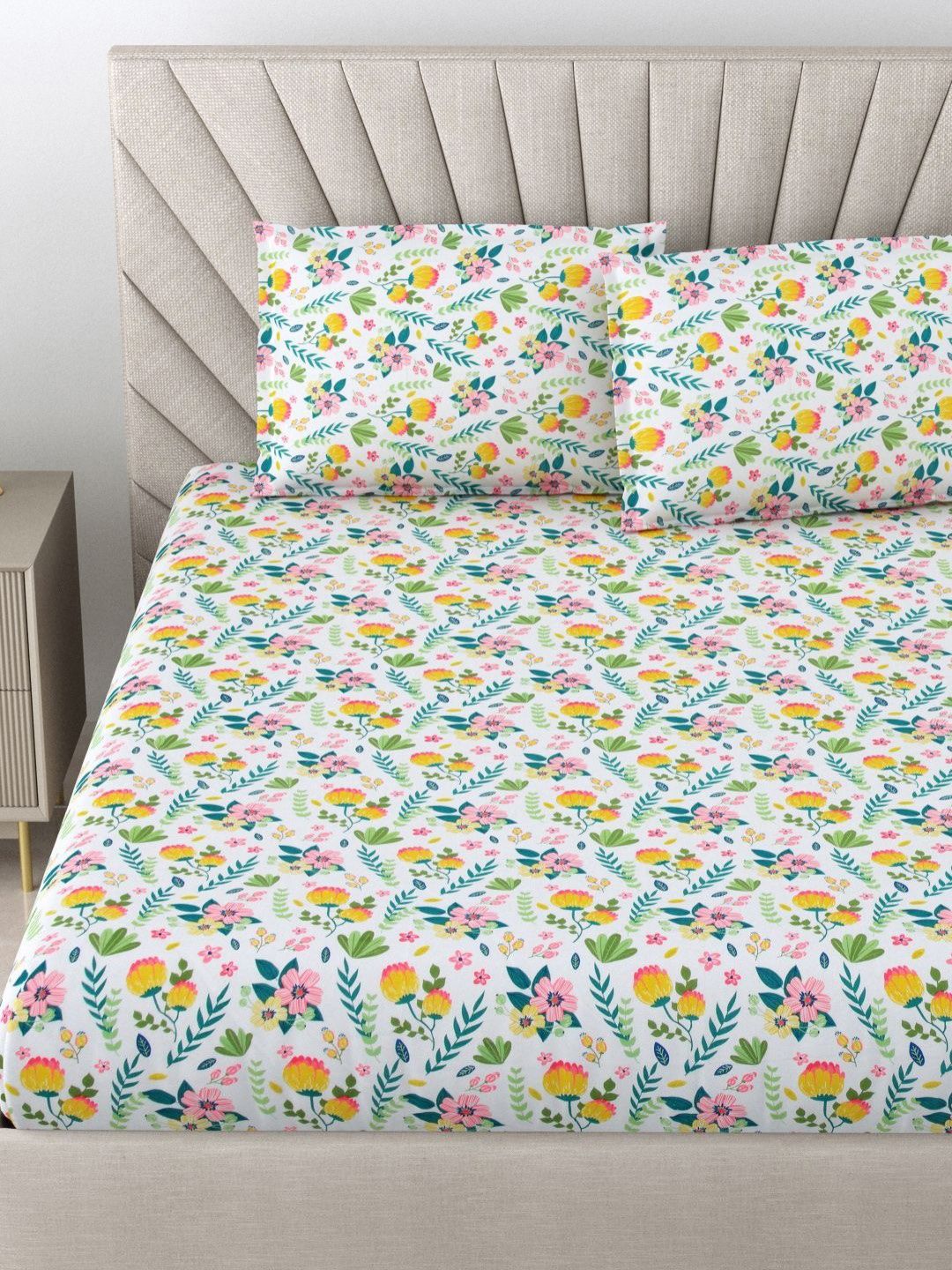 BOMBAY DYEING Dream Lover Green Floral Cotton 104 TC Queen Bedsheet Set 2.54 x 2.24m