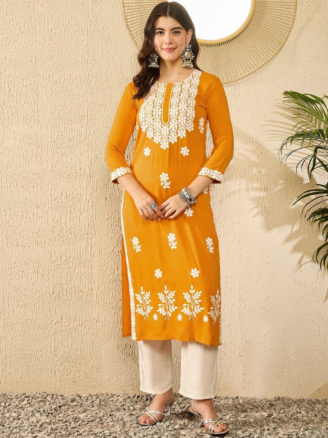 KALINI Floral Embroidered Round Neck Thread Work Straight Kurta