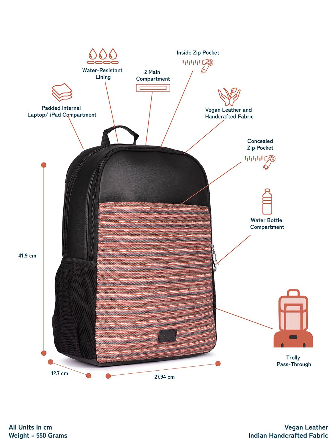 ZOUK Unisex Striped Water Resistance Backpack Up To 16 Inch