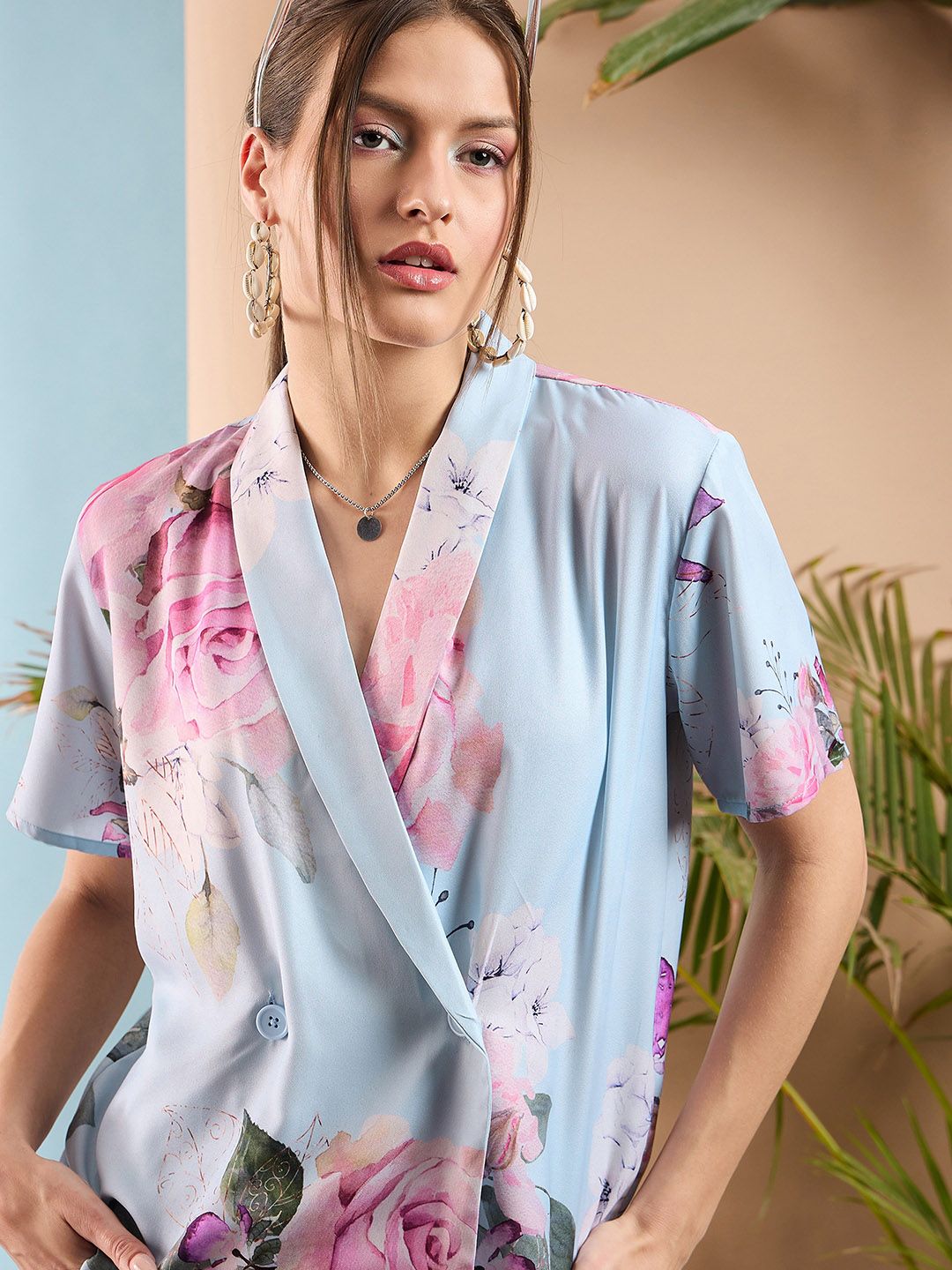 SASSAFRAS Blue Floral Printed Shawl Collar Top With Trousers