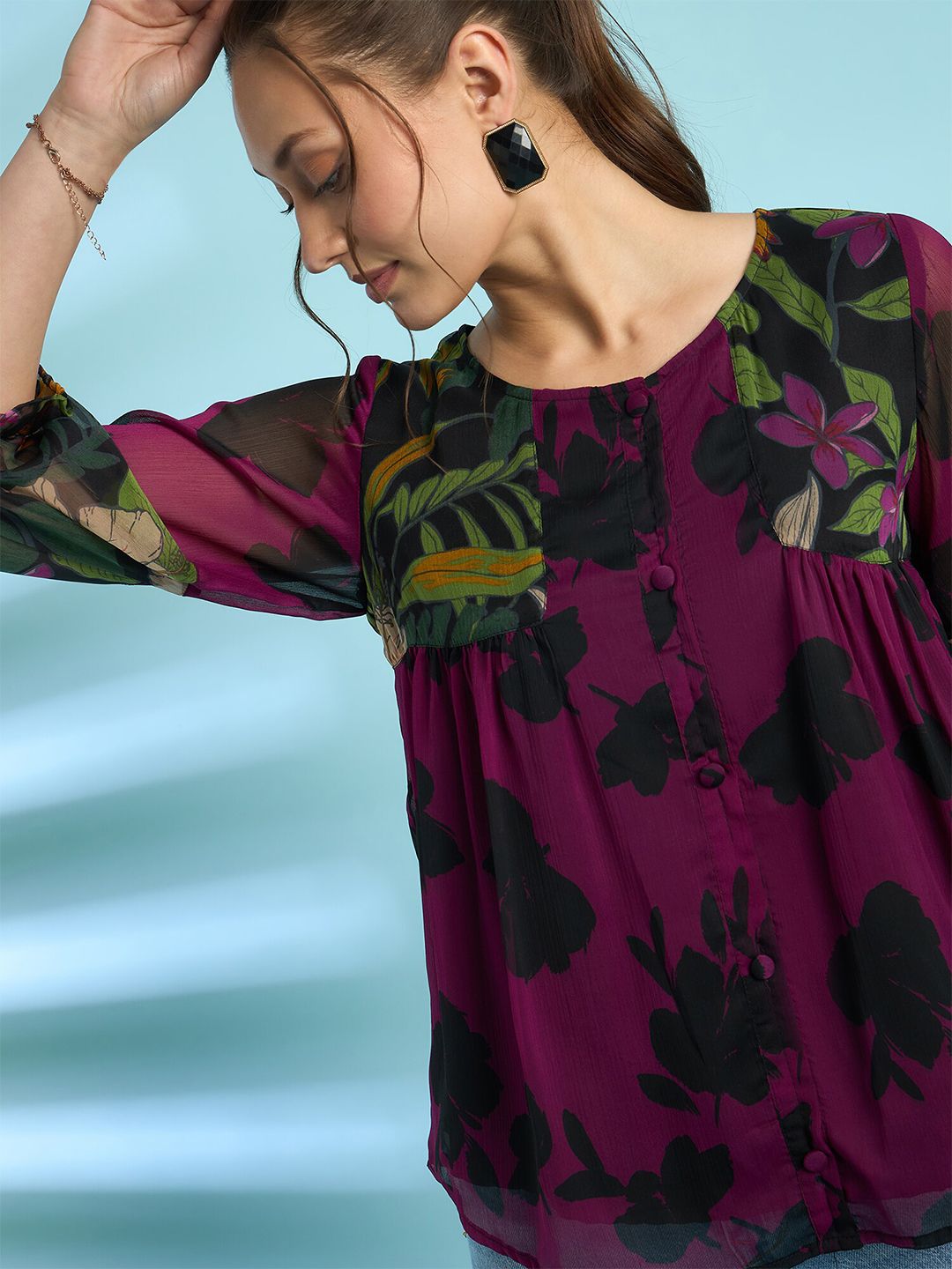 Antheaa Floral Printed Puff Sleeves A-Line Top with Pleated Detail