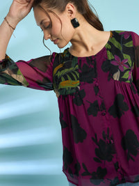 Antheaa Floral Printed Puff Sleeves A-Line Top with Pleated Detail