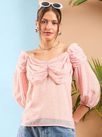 SASSAFRAS Floral Printed Puff Sleeve Ruched Top