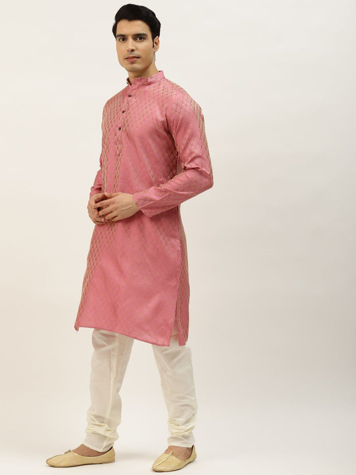 SOJANYA Men Pink & Orange Ethnic Motifs Kurta with Churidar & Nehru Jacket