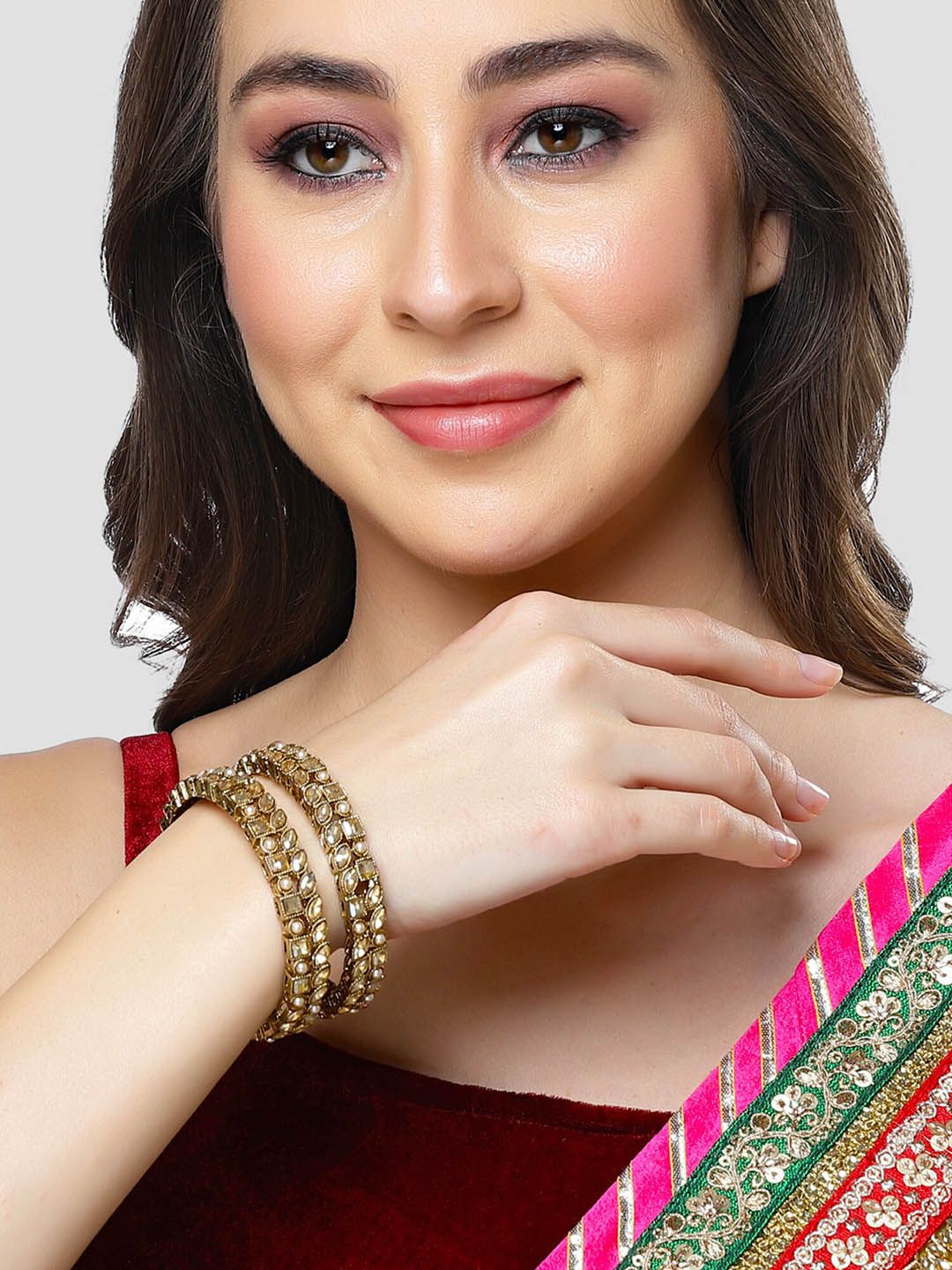 KARATCART 2-Pcs Gold-Plated Kundan-Studded Bangles