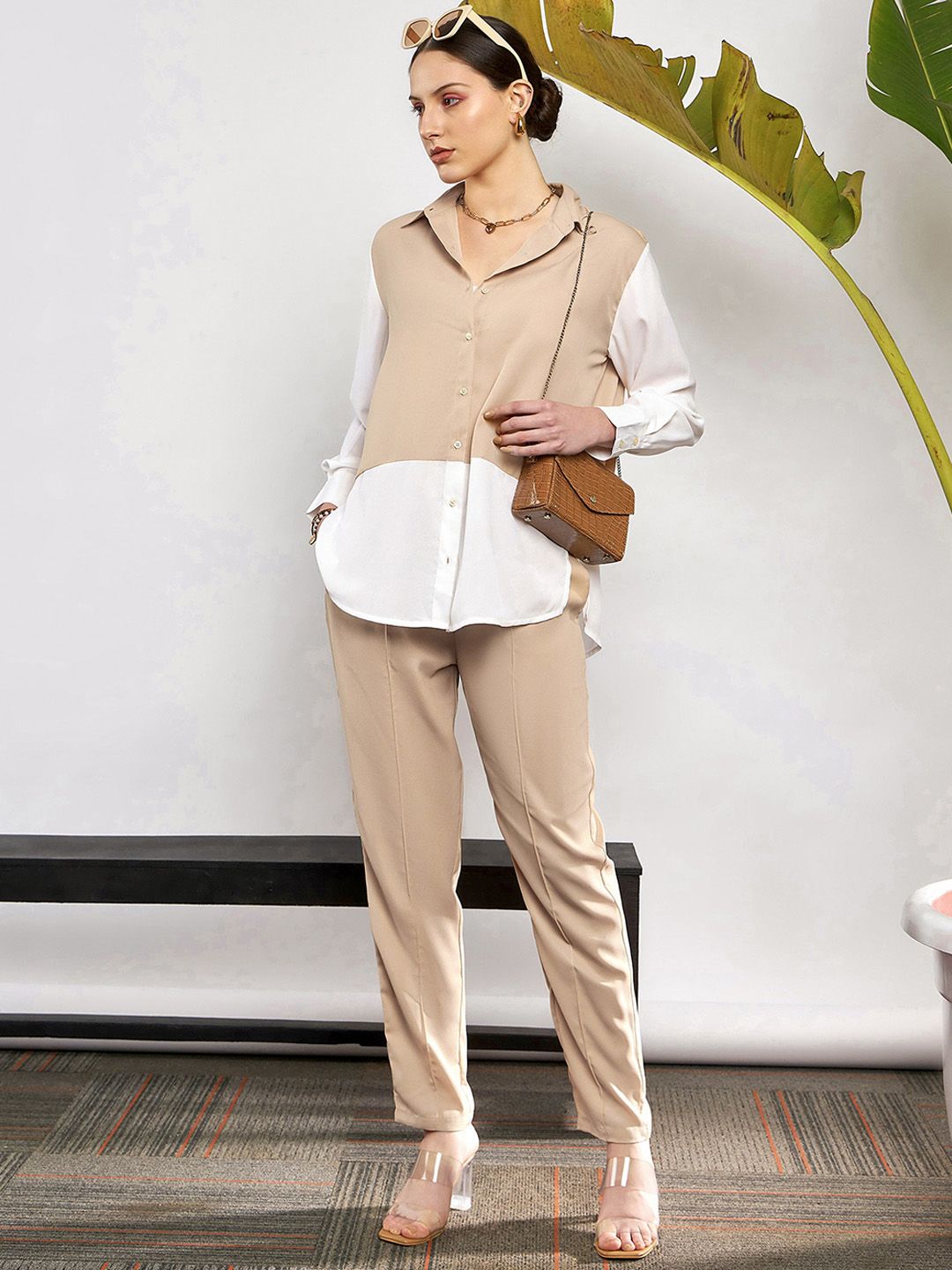 SASSAFRAS Beige & White Colorblocked Shirt & Darted Trousers Co-ords