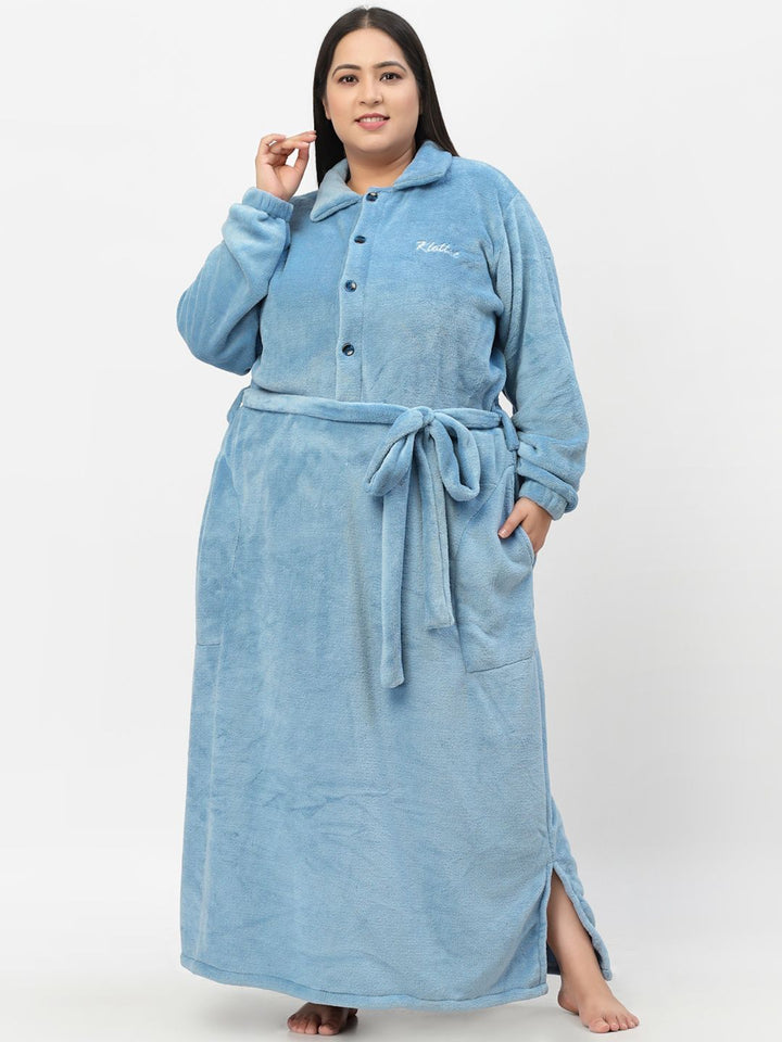 KLOTTHE Plus Size Long Sleeve Woolen Bath Robe With Belt