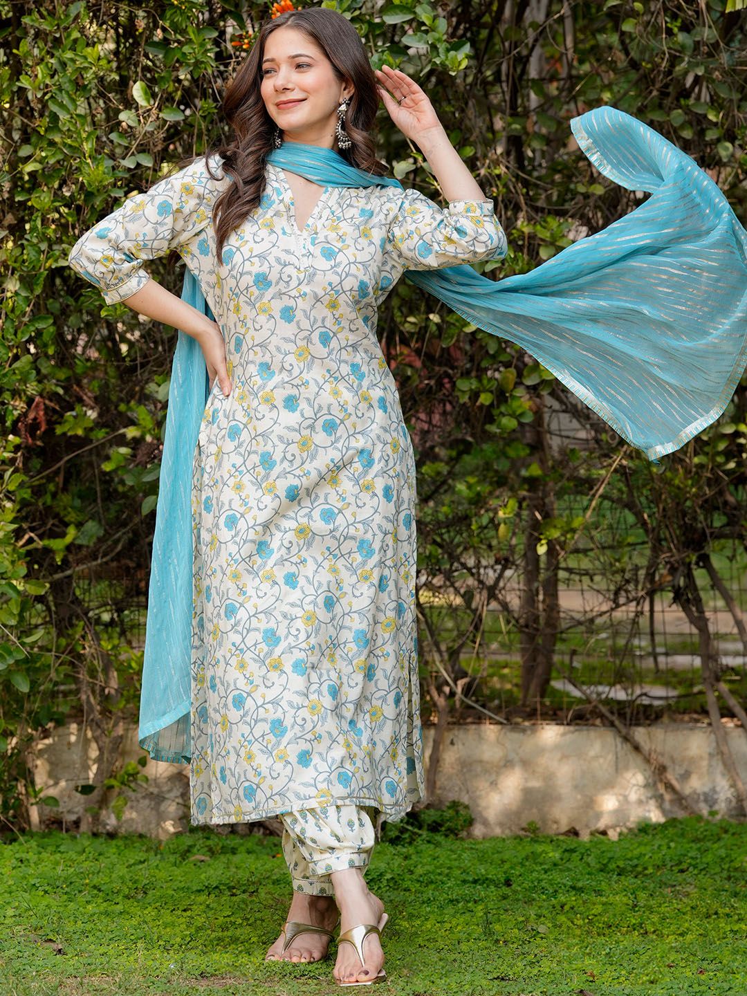 Libas Floral Printed Straight Gotta Patti Pure Cotton Kurta with Salwar & Dupatta