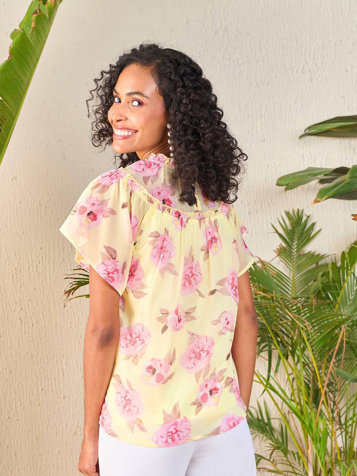 SASSAFRAS Yellow Floral Printed High Neck Flutter Sleeve Georgette Top