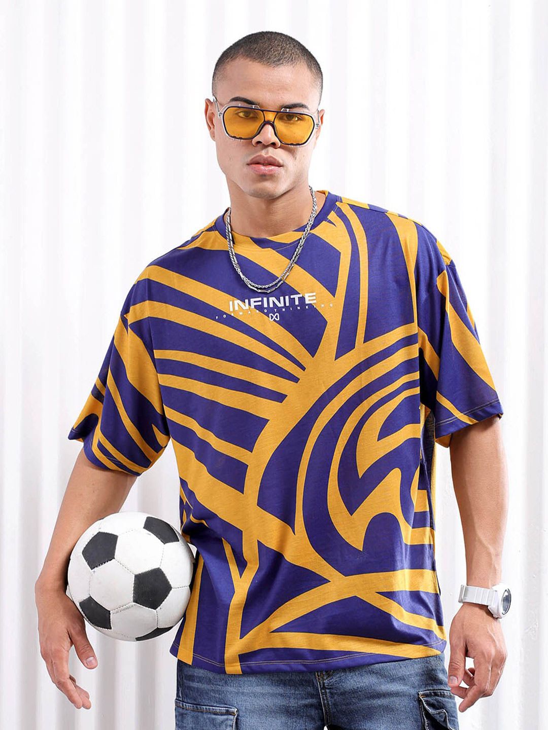 The Indian Garage Co Navy Blue Abstract Print Drop Shoulder Sleeves Oversized T-shirt