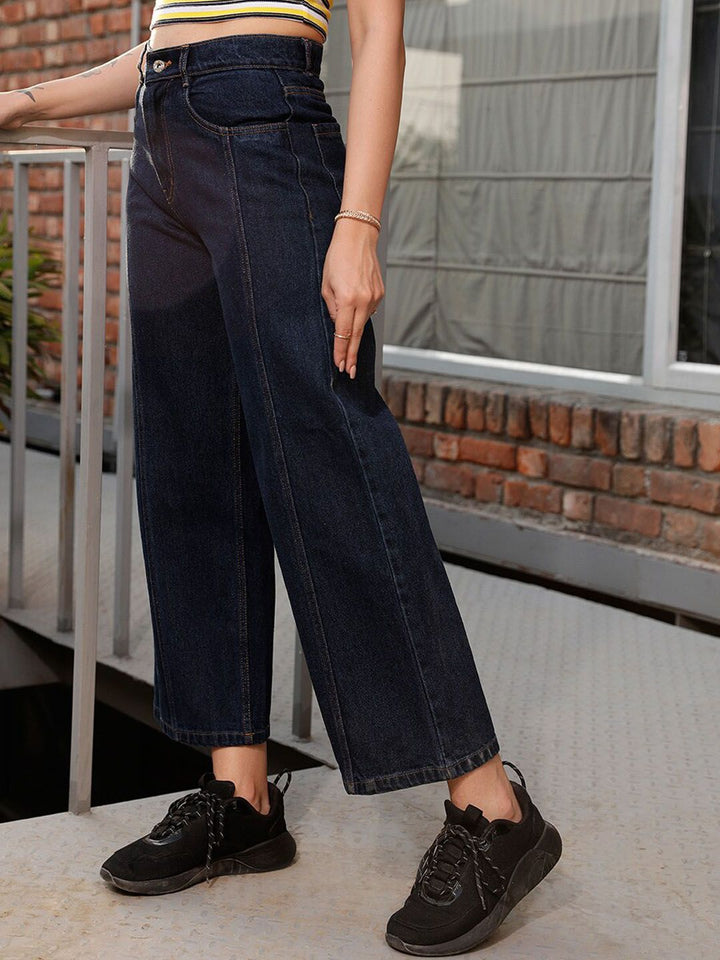 STREET 9 Women Blue Jean Wide Leg High-Rise Dark Shade Pure Cotton Jeans
