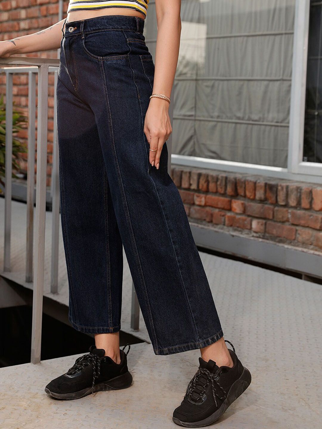 STREET 9 Women Blue Jean Wide Leg High-Rise Dark Shade Pure Cotton Jeans