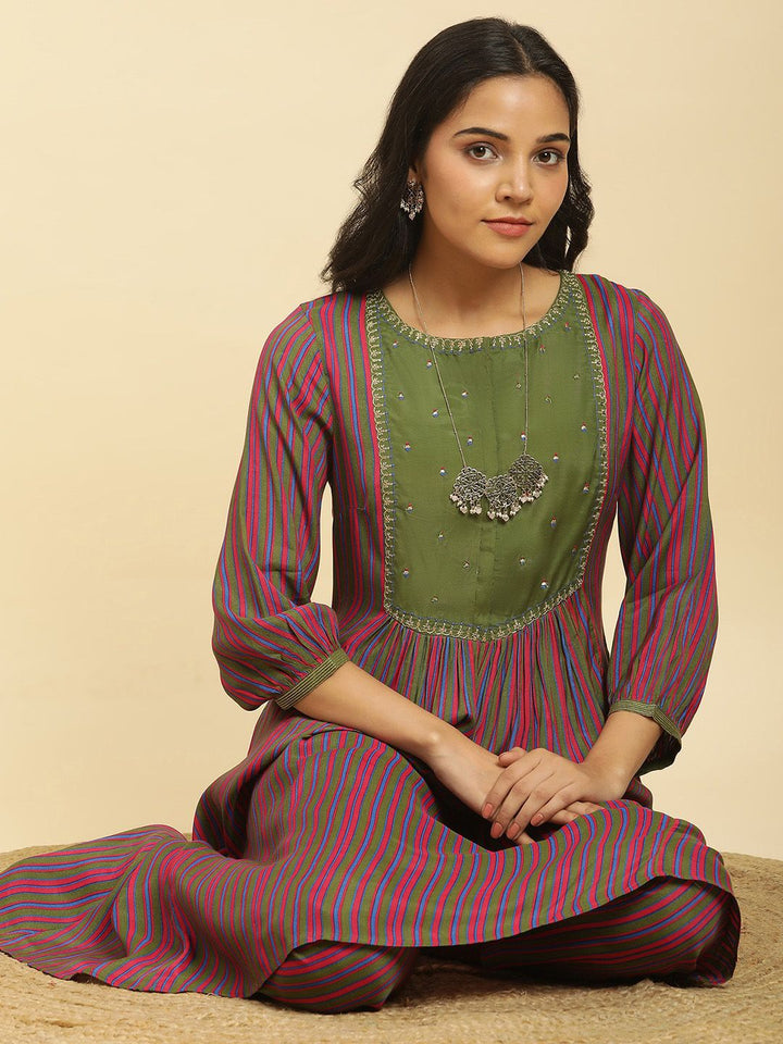 W Striped Thread Work A-Line Kurta with Trousers