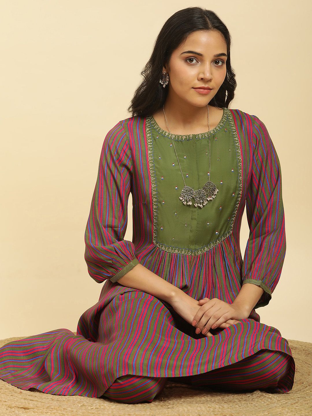 W Striped Thread Work A-Line Kurta with Trousers