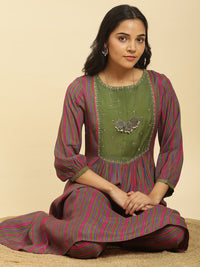 W Striped Thread Work A-Line Kurta with Trousers