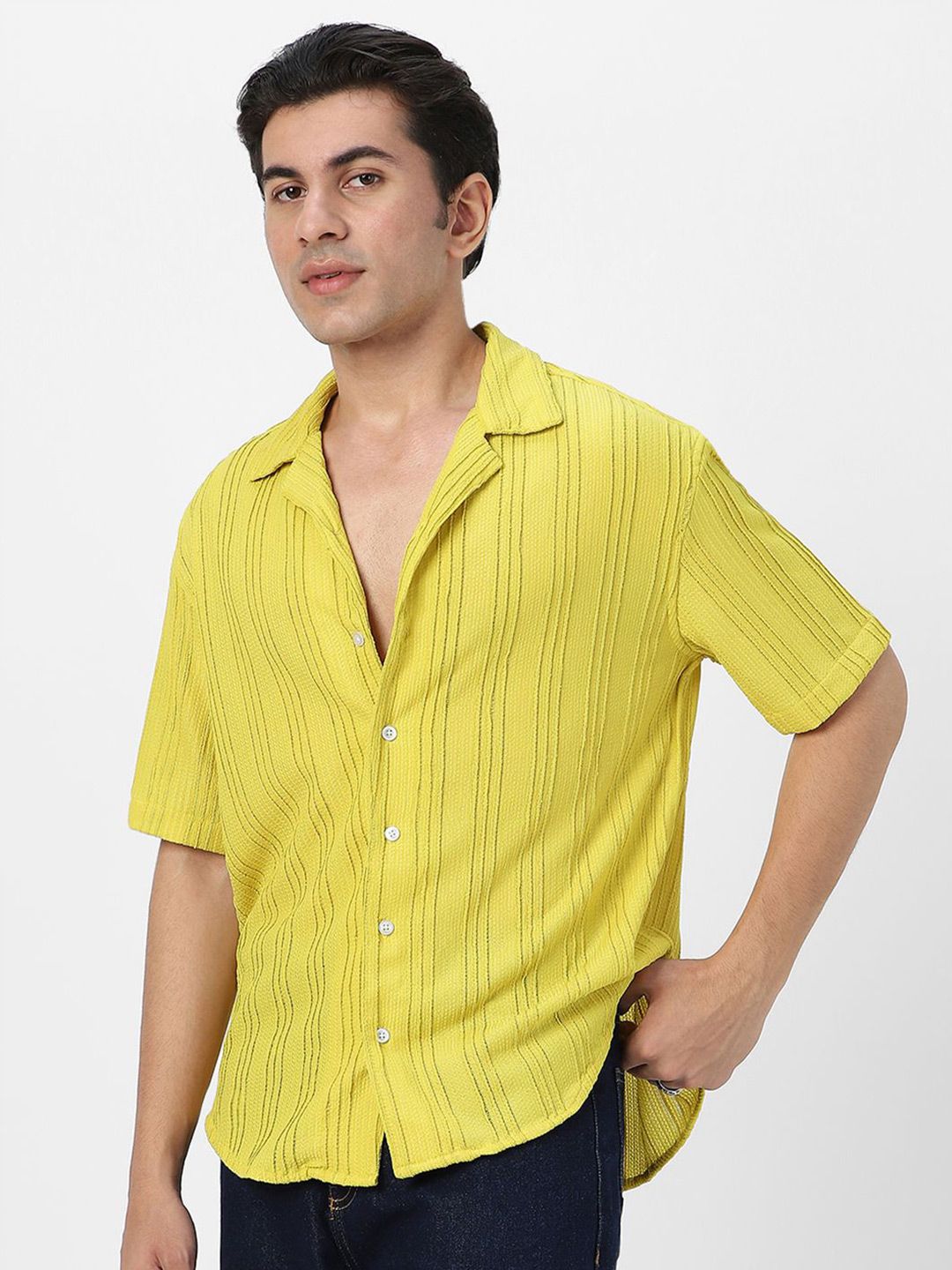 Urbano Fashion Oversized Fit Self Design Cuban Collar Cotton Casual Shirt