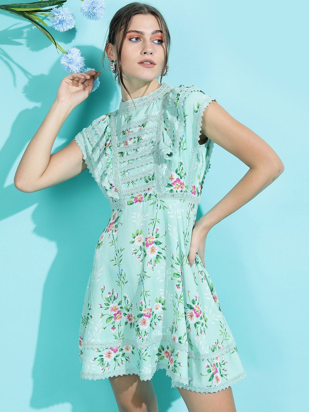 Tokyo Talkies Women Alluring Turquoise Blue Floral Dress