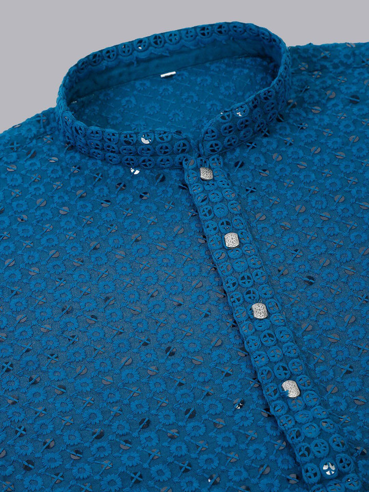 Jompers Men Teal Floral Embroidered Sequined Kurta
