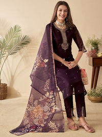 Anouk Violet Ethnic Motifs bersulam kurta lurus dengan seluar & dupatta