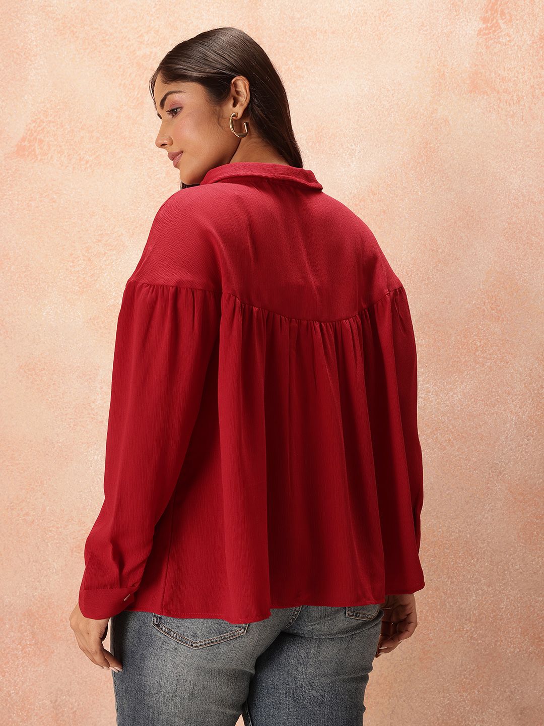 all about you Plus Size Puff Sleeves Shirt Style Longline Top