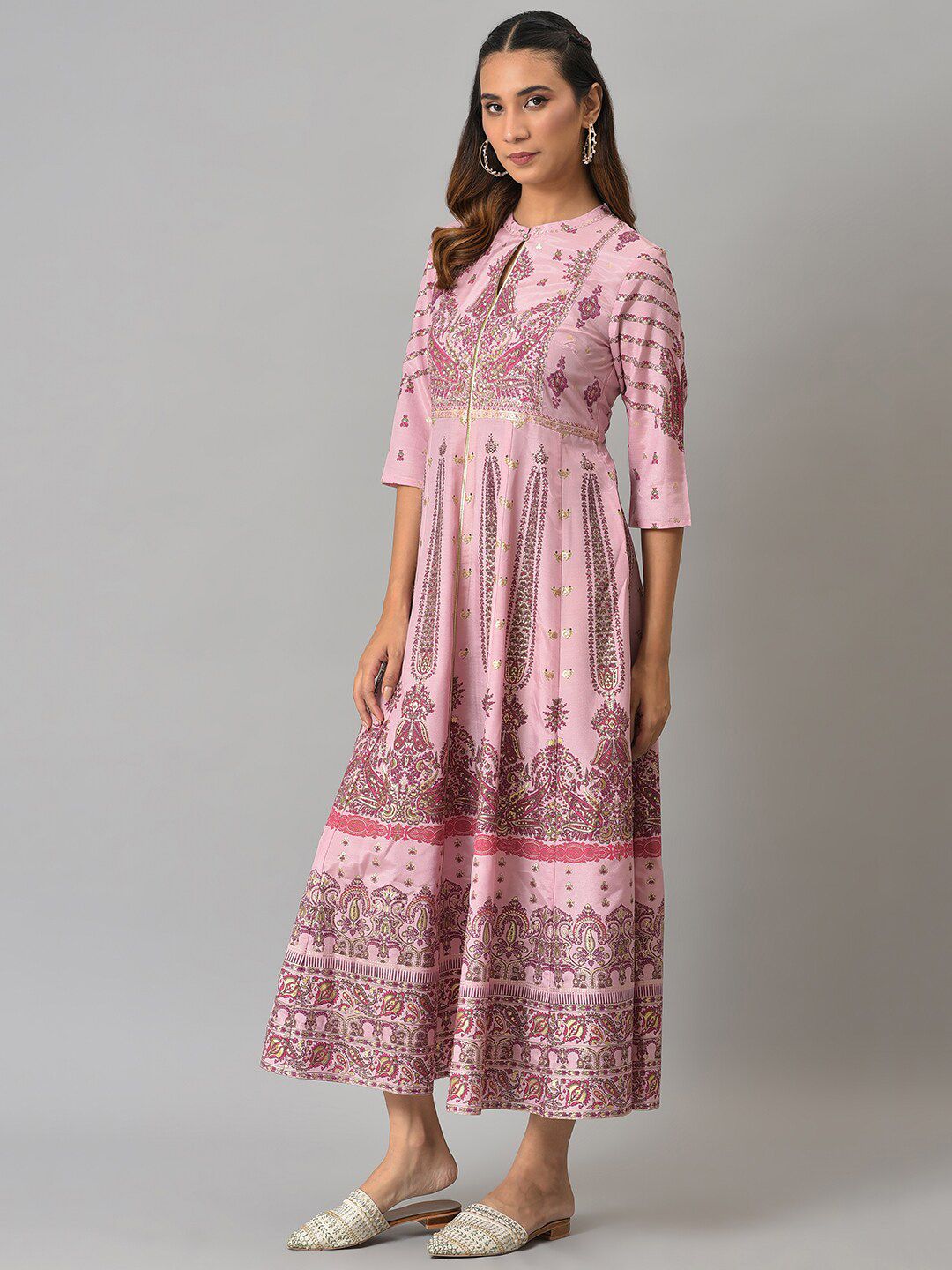 W Pink Ethnic Motifs Midi Fit And Flare Ethnic Dress