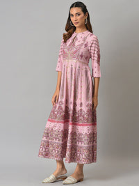 W Pink Ethnic Motifs Midi Fit And Flare Ethnic Dress