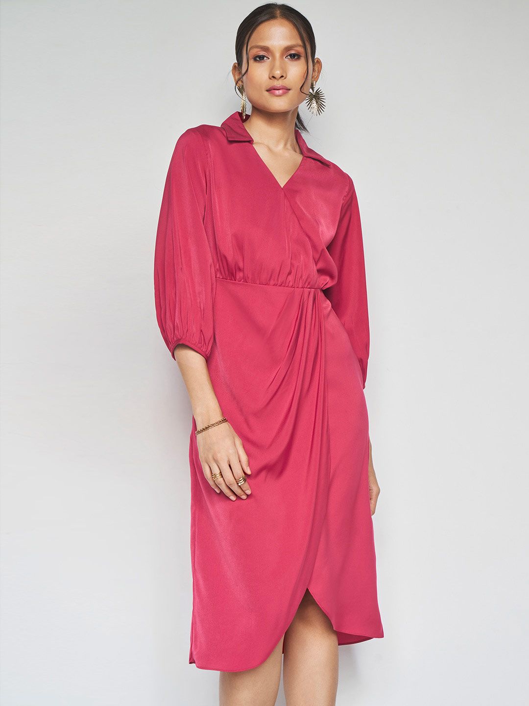 AND Shirt Collar Puff Sleeves Tulip Wrap Dress