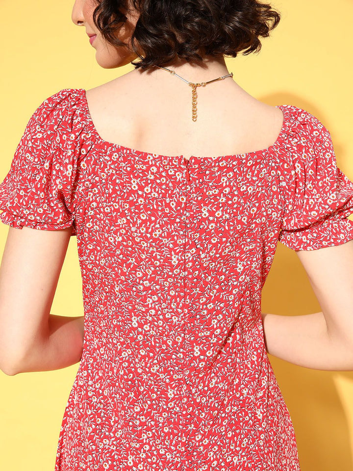Berrylush Red Floral Crepe A-Line Midi Dress
