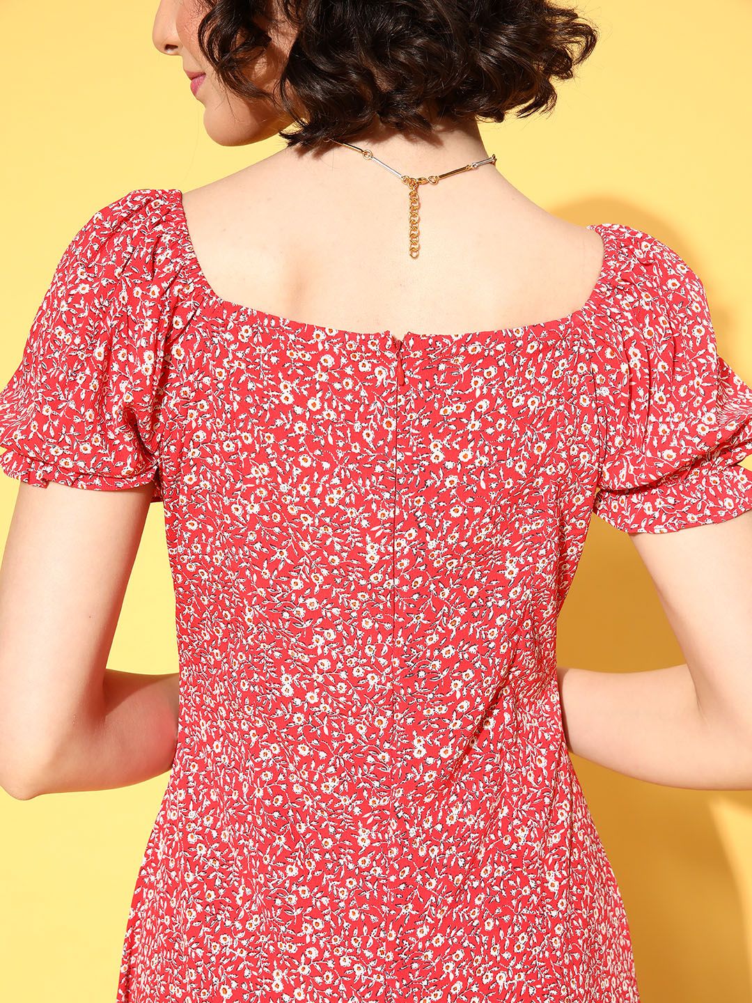 Berrylush Red Floral Crepe A-Line Midi Dress
