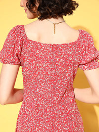 Berrylush Red Floral Crepe A-Line Midi Dress
