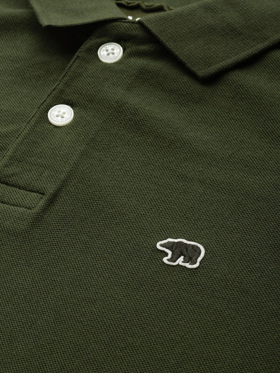 THE BEAR HOUSE Men Green Solid Overdyed Polo Collar Slim Fit Pure Cotton T-shirt
