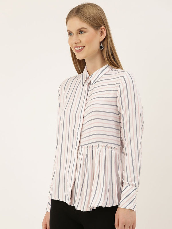 AND Women White & Black Striped Regular Fit Casual Shirt
