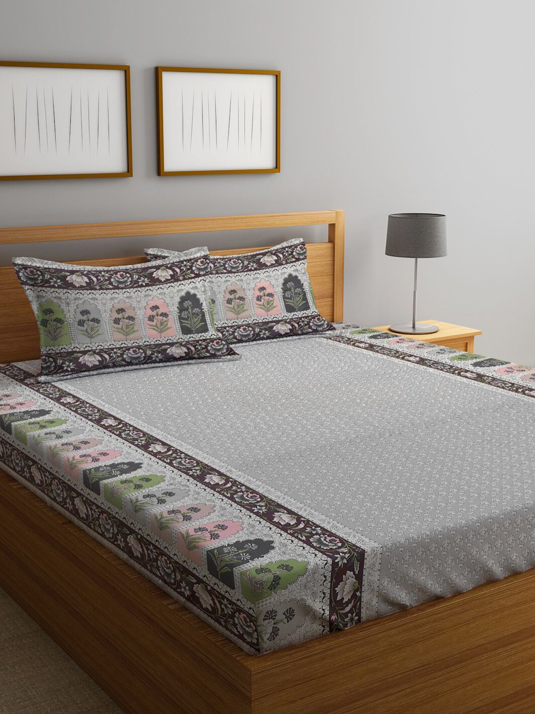 KLOTTHE Grey Ethnic Motifs Cotton 300 TC King Fine Bedsheet with 2 Pillow Covers-106 x 87 inches