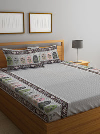 KLOTTHE Grey Ethnic Motifs Cotton 300 TC King Fine Bedsheet with 2 Pillow Covers-106 x 87 inches