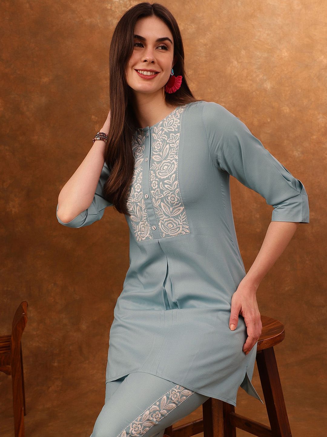 Anouk Blue Embroidered Tunic With Trousers Co-Ords