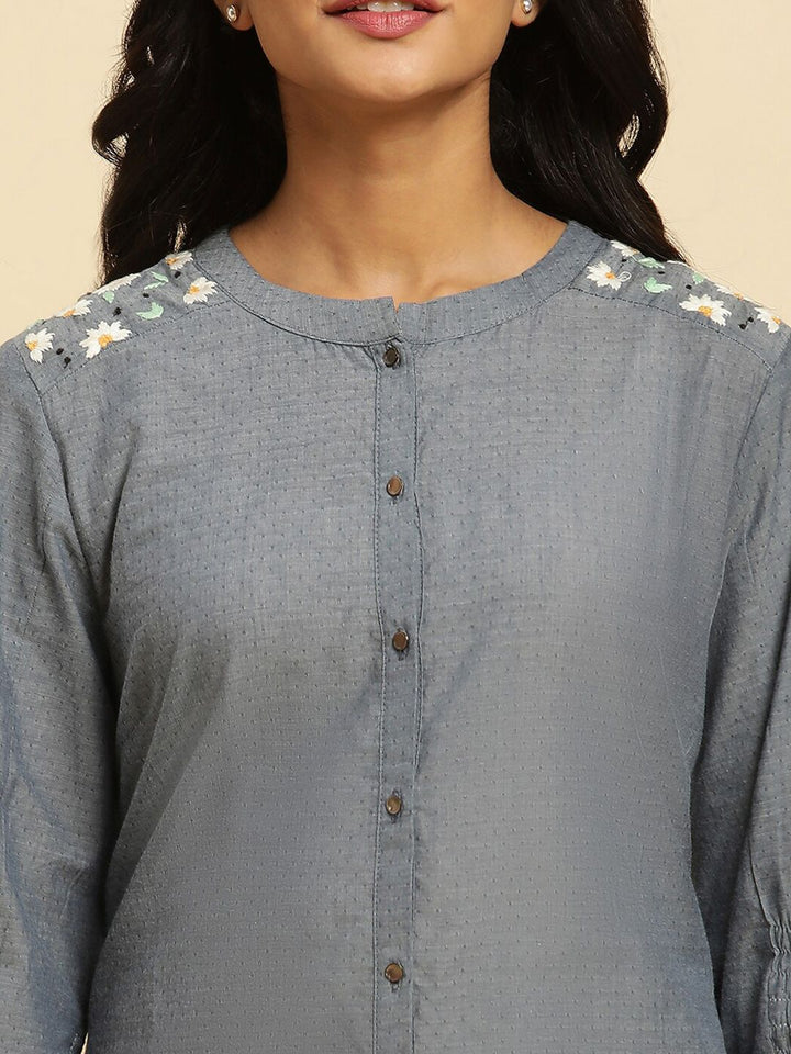 W Grey Floral Woven Design Mandarin Collar Pure Cotton A-Line kurta
