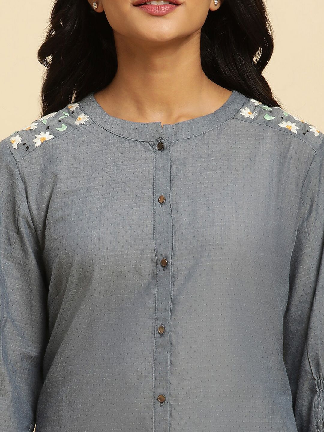 W Grey Floral Woven Design Mandarin Collar Pure Cotton A-Line kurta