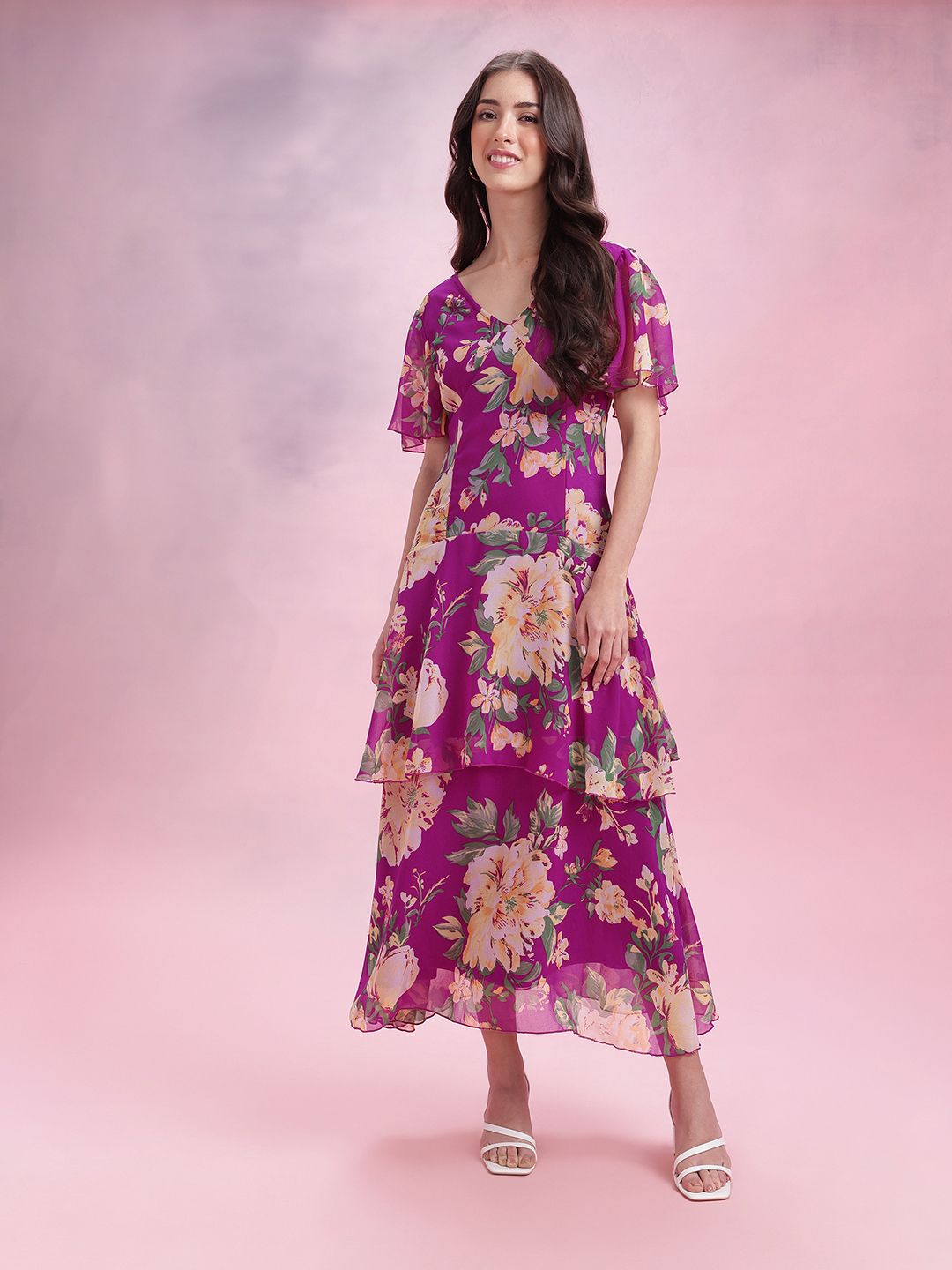 DressBerry Floral Print Flared Sleeve Layered A-Line Maxi Dress