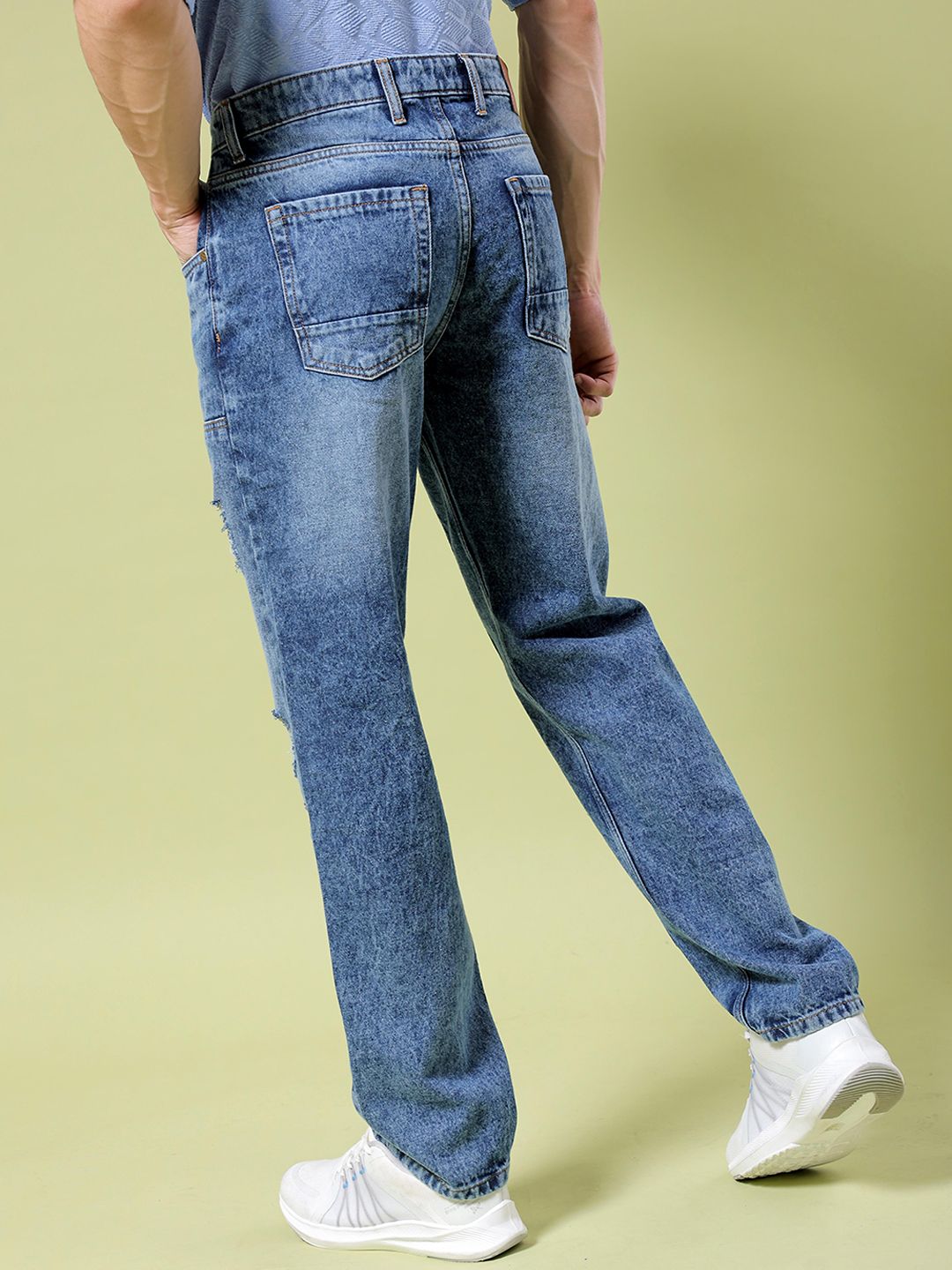 The Indian Garage Co Men Straight Fit Highly Distressed Mid Rise Heavy Fade Cotton Jeans