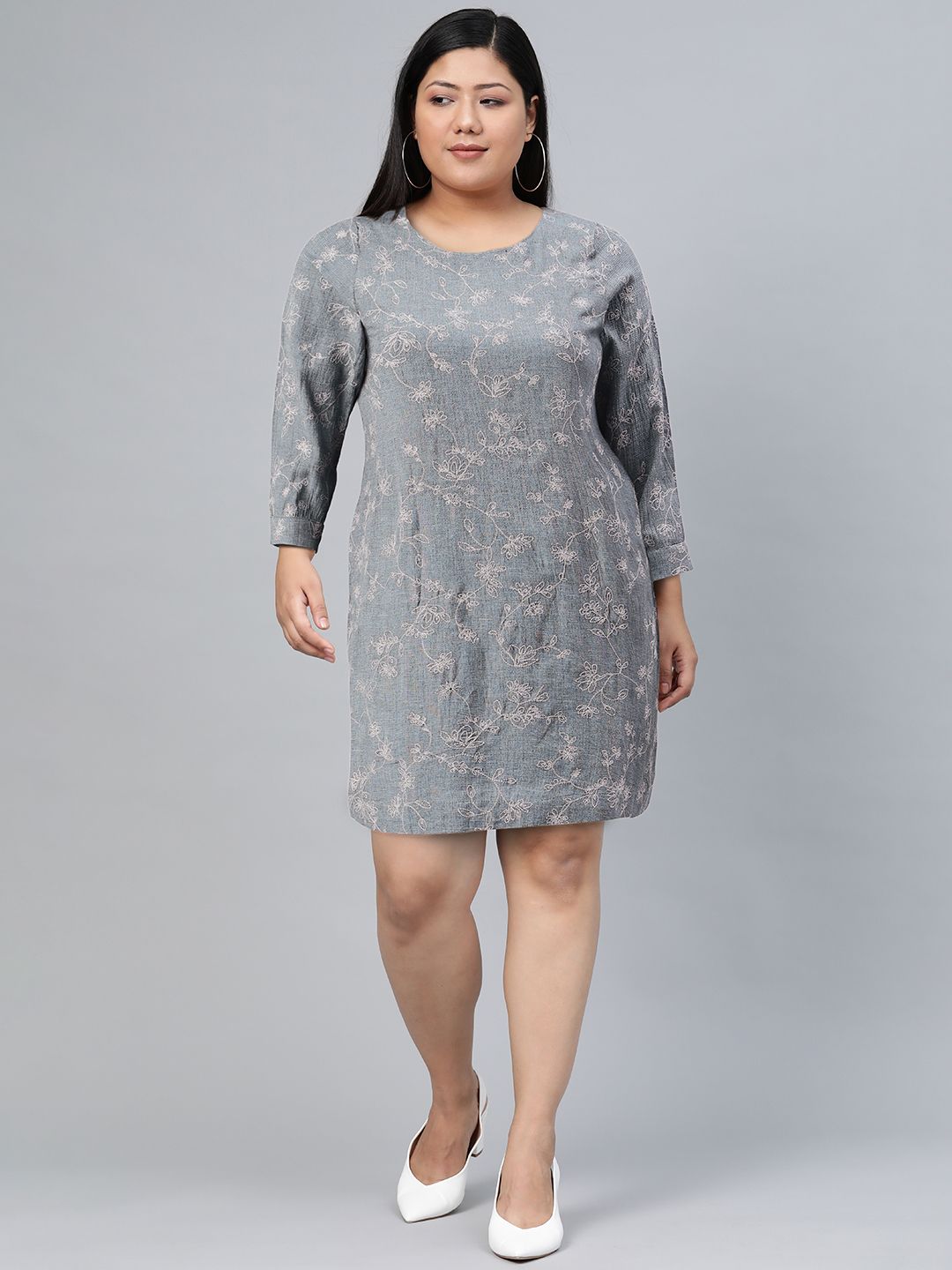 W Women Grey Floral Organic Cotton Floral A-Line Dress