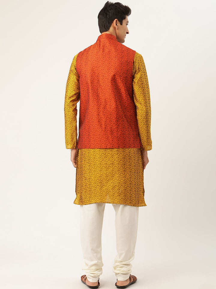 SOJANYA Men Mustard Yellow & Orange Ethnic Motifs Kurta with Churidar & Nehru Jacket
