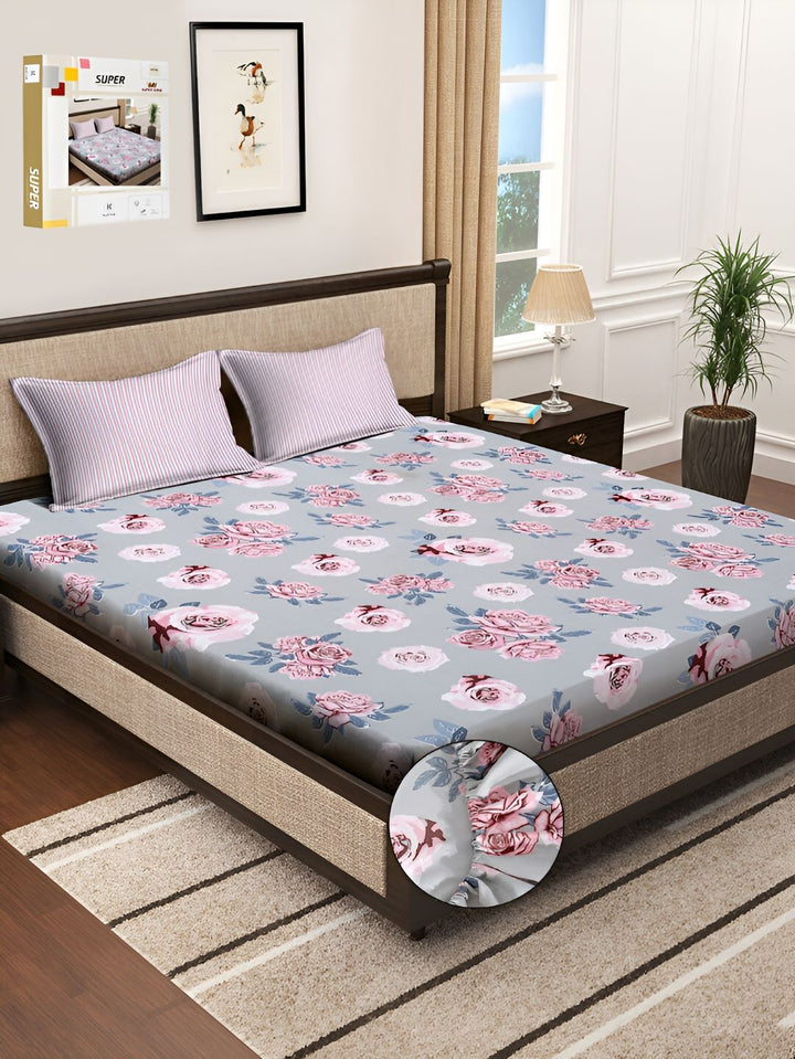 KLOTTHE Grey & Pink Floral Printed 300 TC Double Fitted Cadar Dengan 2 Sarung Bantal