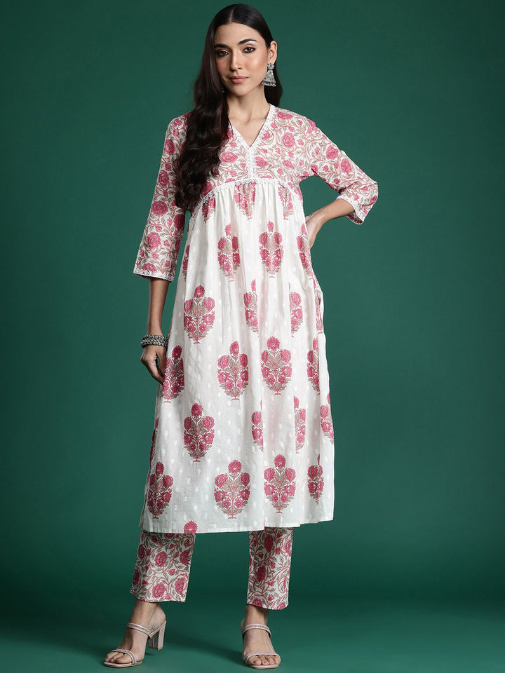Indo Era Women Floral Printed Empire Pure Cotton Kurta with Trousers