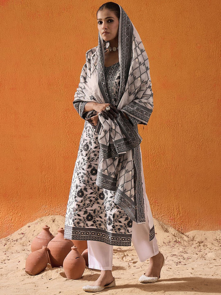 Indo Era White Floral Printed V-Neck Straight Kurta with Trousers & Dupatta