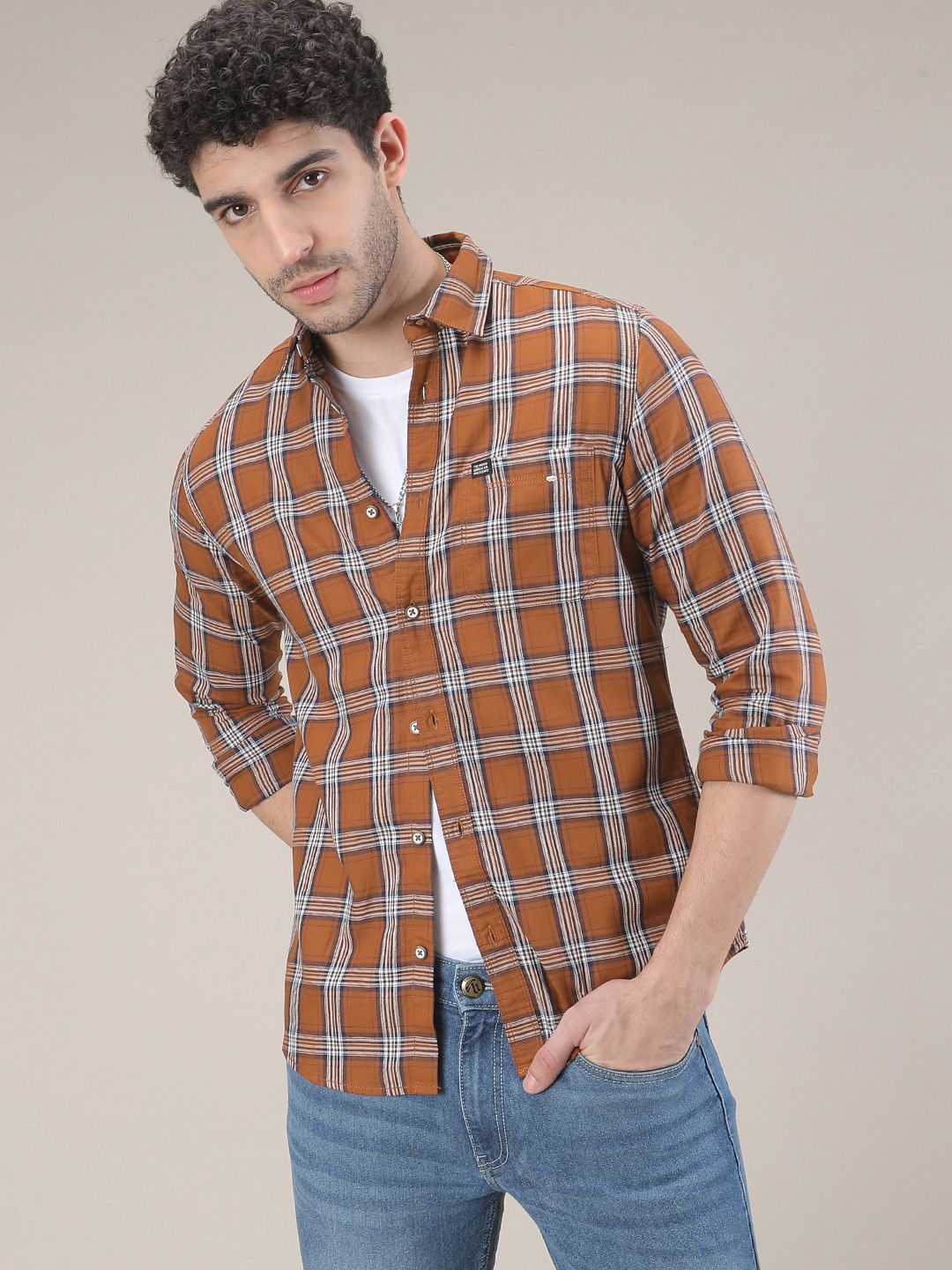 The Indian Garage Co Men Rust Orange & White Slim Fit Checked Casual Shirt