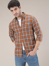 The Indian Garage Co Men Rust Orange & White Slim Fit Checked Casual Shirt