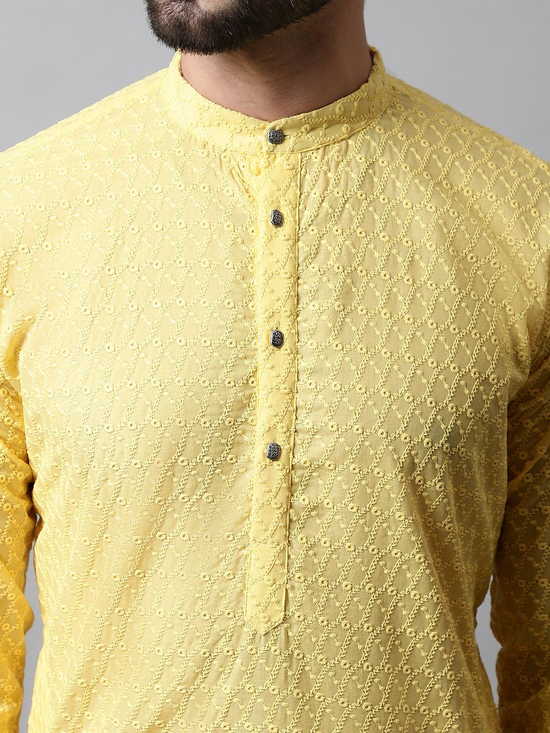 Jompers Men Yellow Geometric Embroidered Kurta