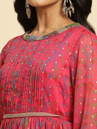W Pink Self Design Embellished Maxi Ethnic Dress